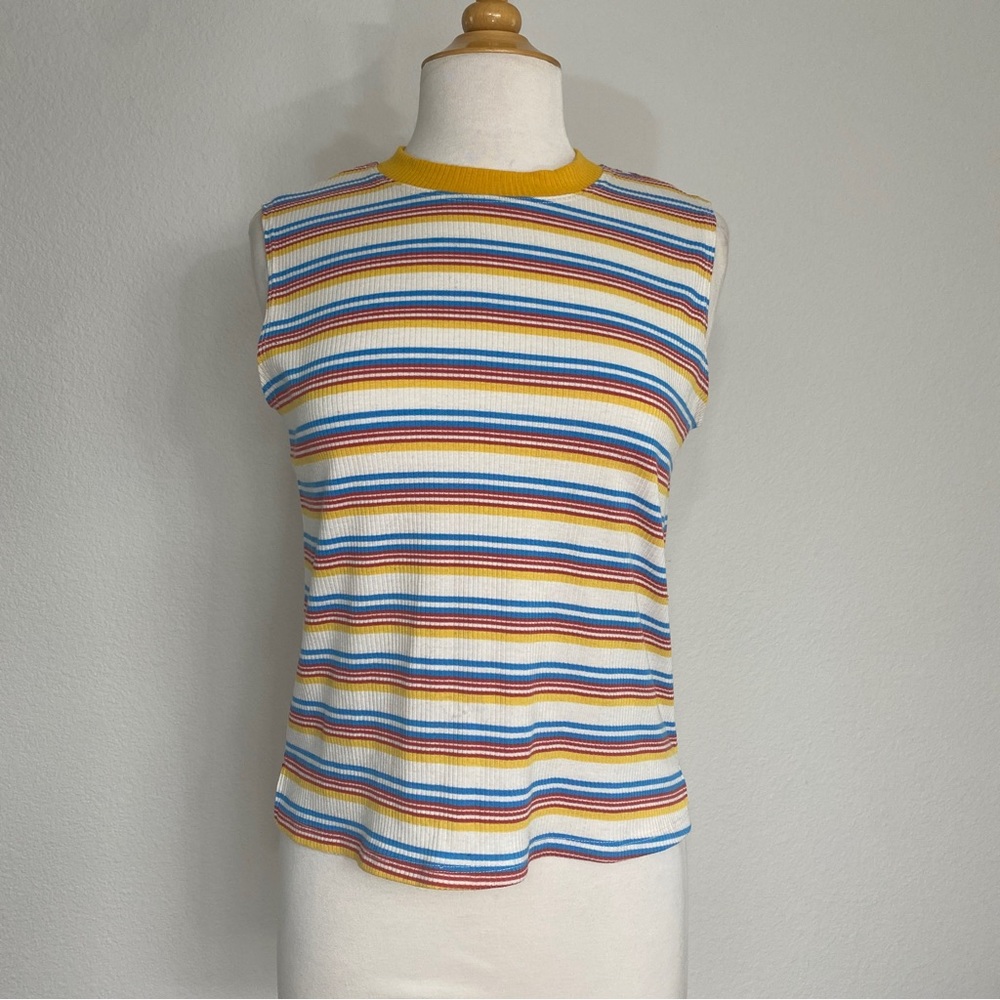 NLT Retro Rainbow Stripe High Neck Sleeveless Ribbed Stretch Top Size Small